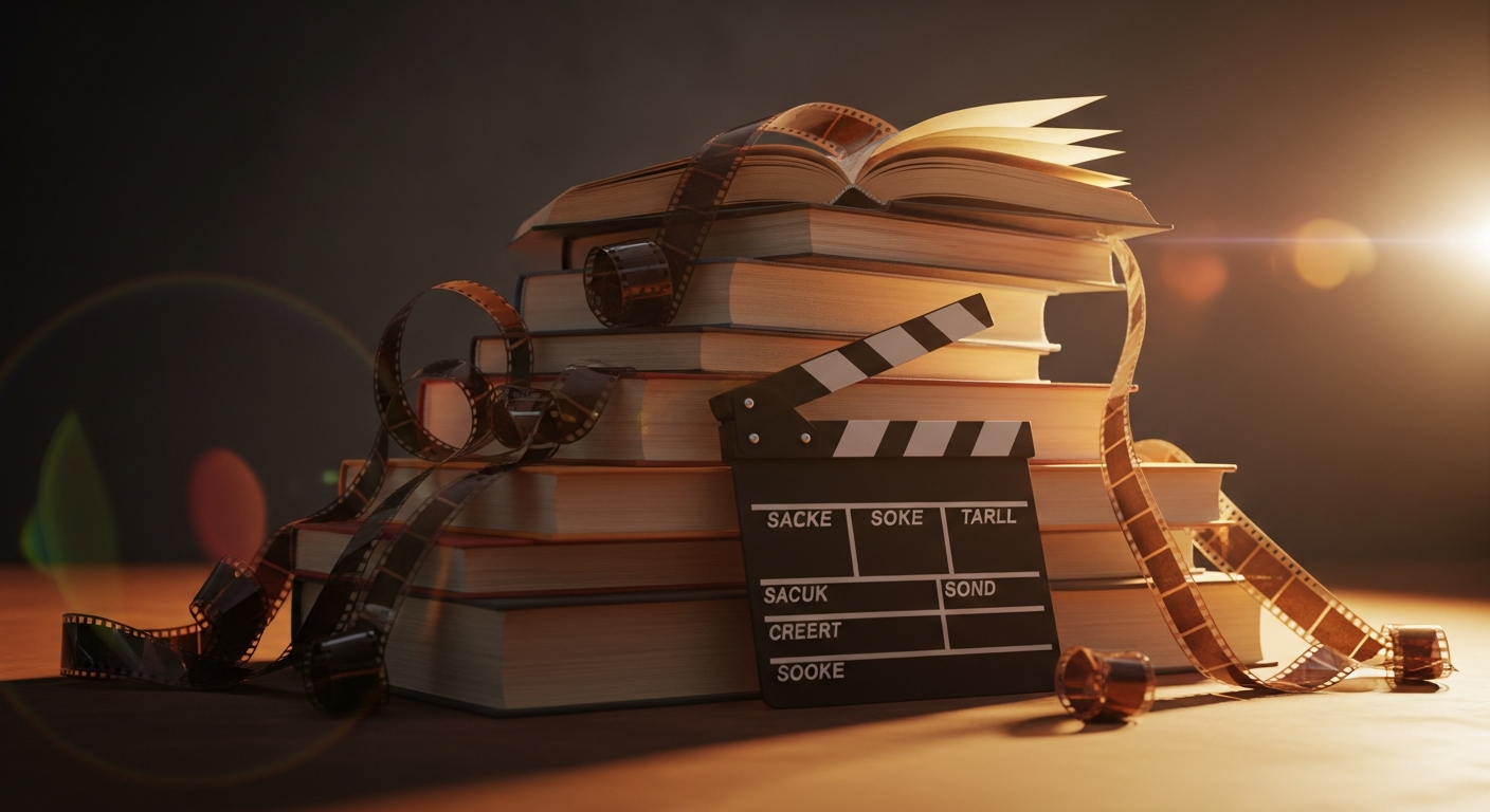 Classic books stacked with vintage film reels representing the best book-to-movie adaptations