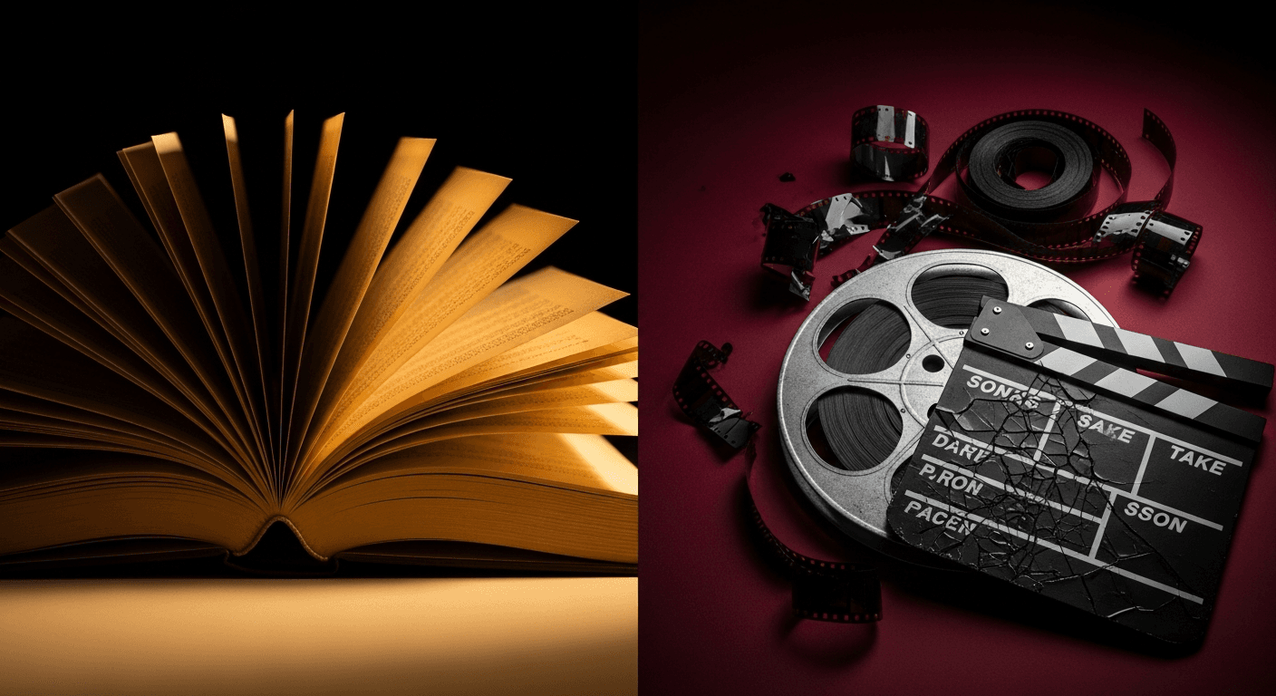 Libro abierto luminoso en contraste con un carrete de película roto y una claqueta agrietada sobre fondo carmesí oscuro