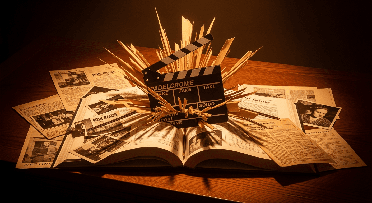 Livre ouvert avec des documents de film et un clap cinéma sur un bureau en chêne sous un éclairage cinématographique