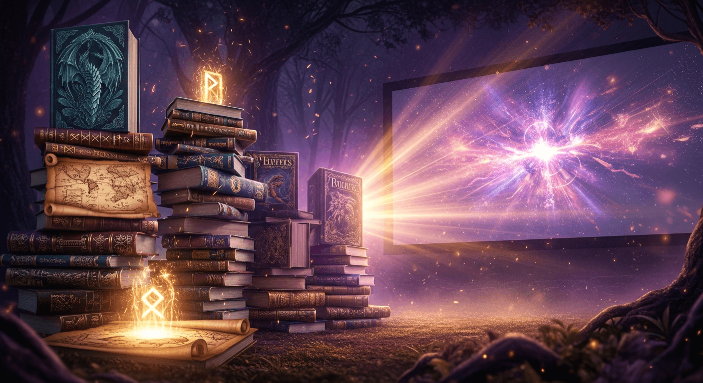 Livres fantasy et écran de cinéma enchanté avec une lumière magique violette et dorée