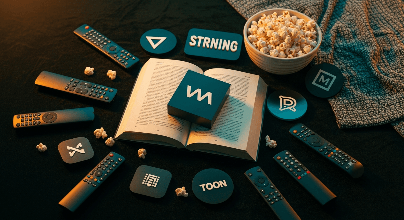 Livres et télécommandes disposés autour de symboles de streaming sur velours sombre avec une lumière chaleureuse