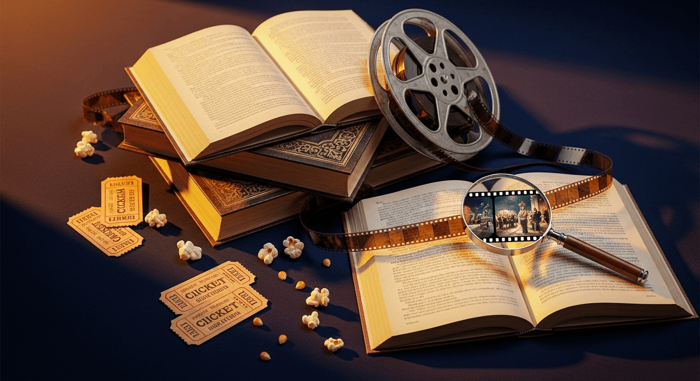 Stack of open books next to a vintage film reel and cinema tickets